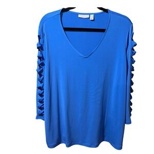 Susan Graver Royal Blue V Neck 3/4 Cutout Sleeve Tunic Top with Women's Plus 1X